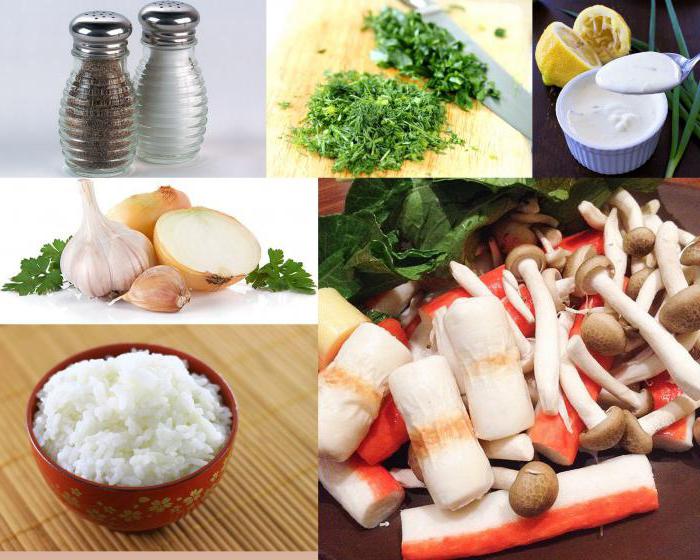 рецепт салата с грибами и крабовыми палочками и рисом