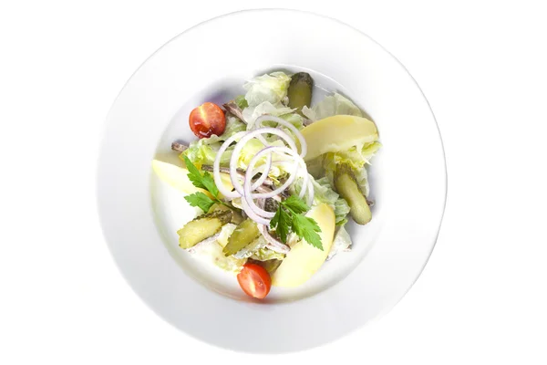 Салат из говядины, картофель, огурцы и Сален синий лук на тарелку — стоковое фото